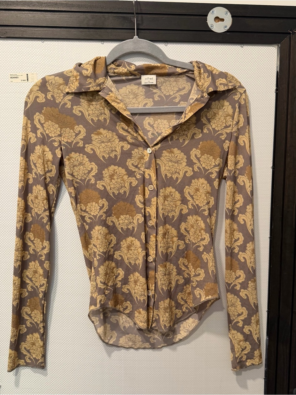 Aritzia Long-Sleeve Button-Up Blouse — Taupe & Mustard Floral
